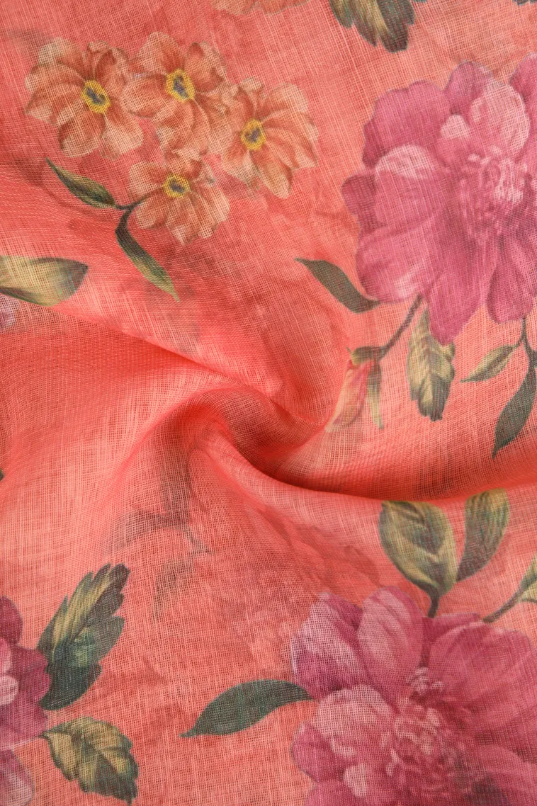 Salmon Pink Linen Saree with Silver Zari Floral Patterns view 4