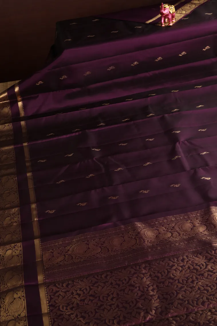 Mulberry Purple Soft Silk Saree with Gold Zari Peacock Motifs view 2