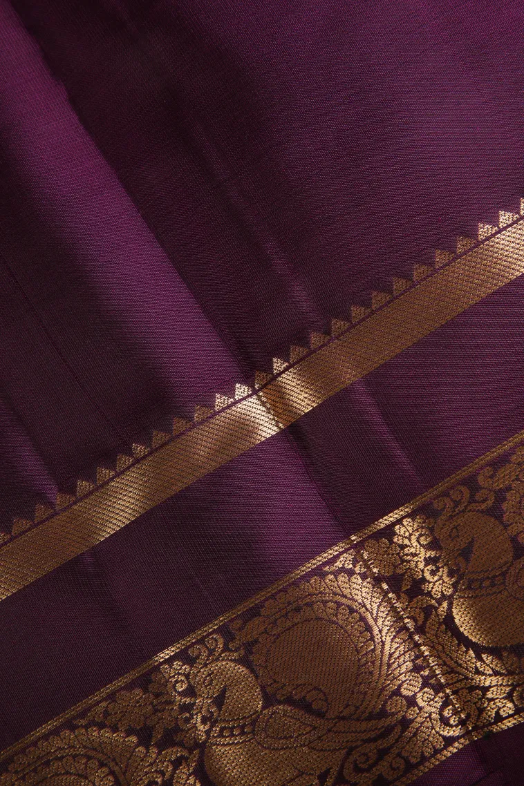 Mulberry Purple Soft Silk Saree with Gold Zari Peacock Motifs view 3