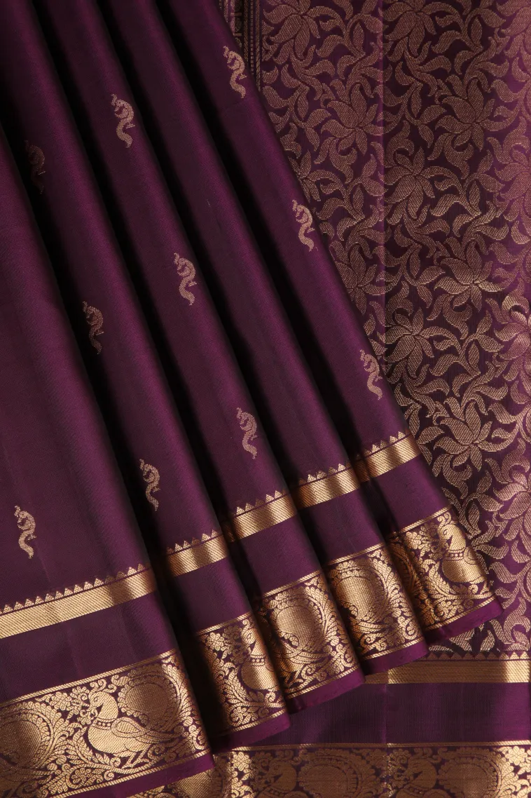 Mulberry Purple Soft Silk Saree with Gold Zari Peacock Motifs