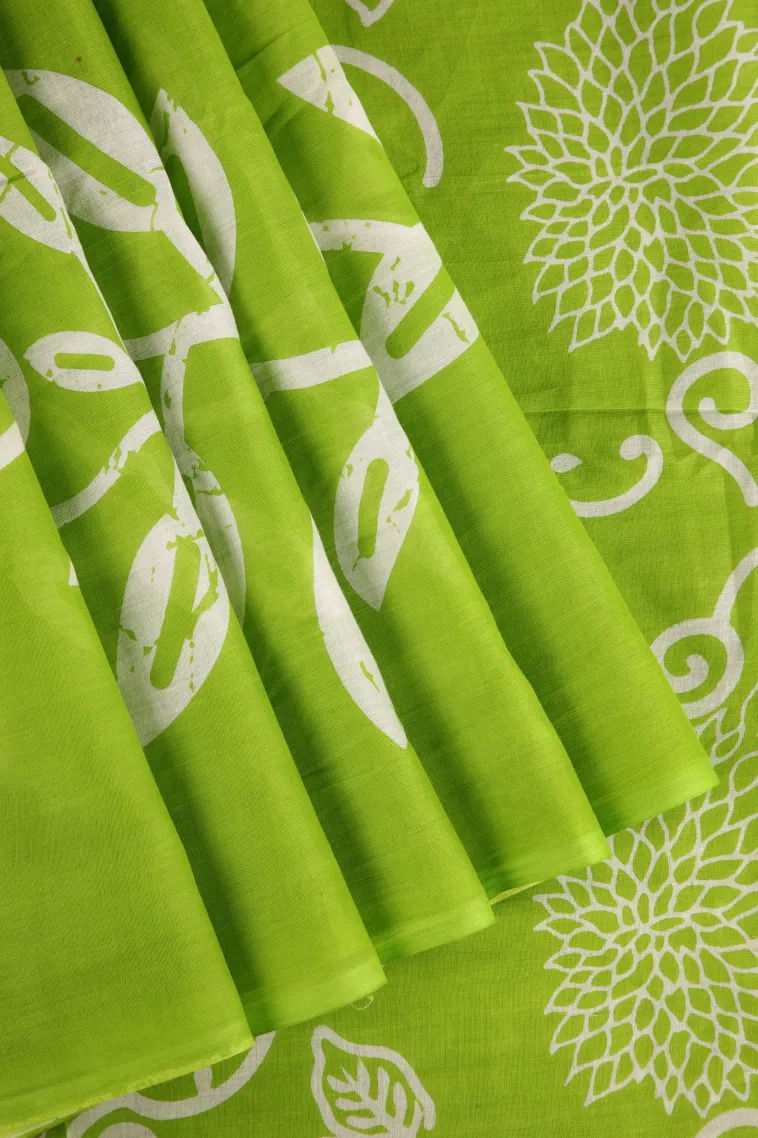 Lime Green Mul Mul Cotton Without Zari With Floral Patterns