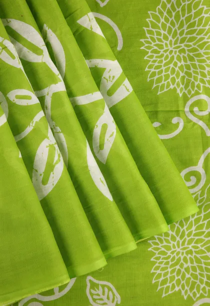 Lime Green Mul Mul Cotton Without Zari With Floral Patterns