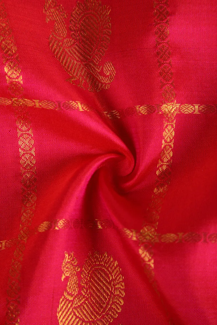 Punch Pink Kanchipuram Silk Sarees with Gold Zari Checks And Puttas view 4