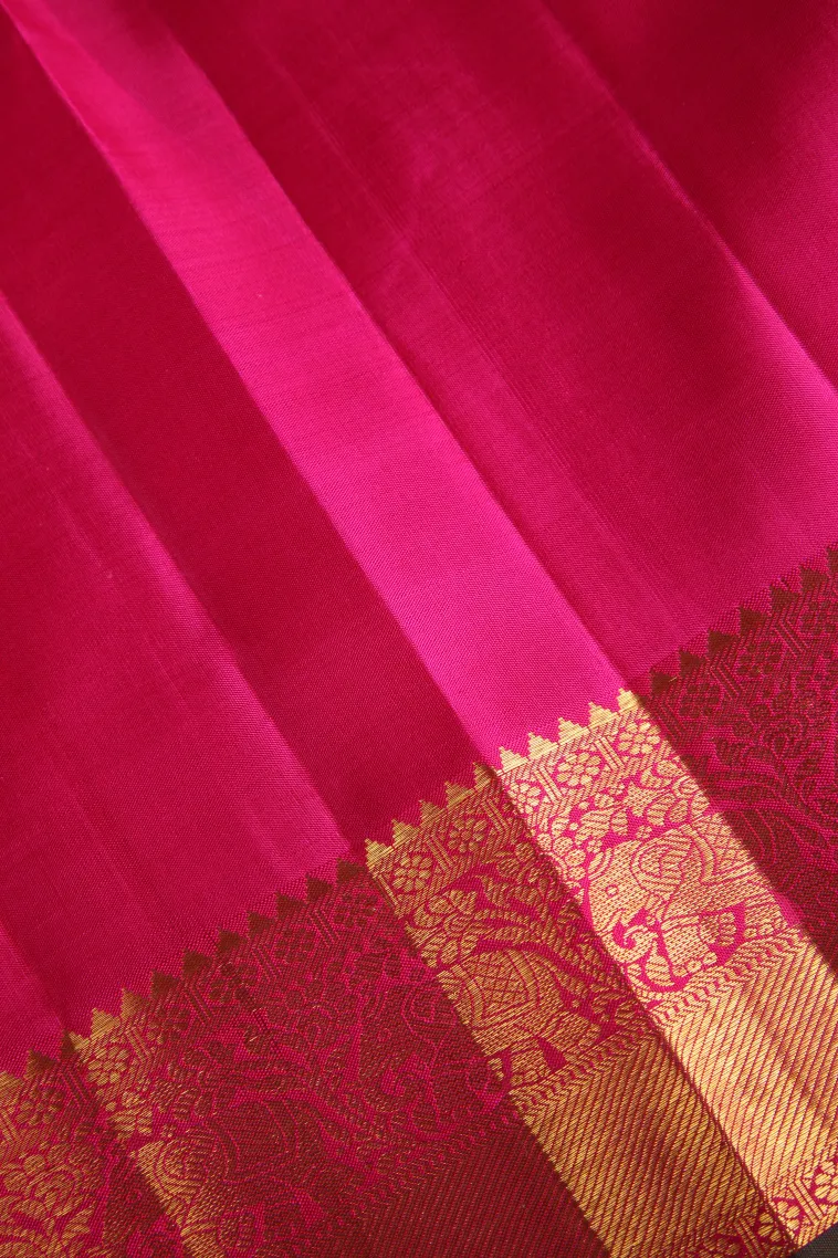 Punch Pink Kanchipuram Silk Sarees with Gold Zari Checks And Puttas view 3