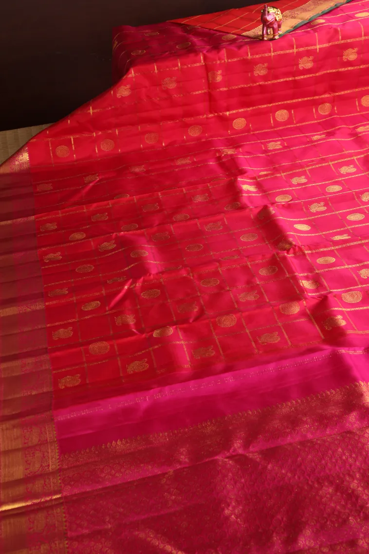 Punch Pink Kanchipuram Silk Sarees with Gold Zari Checks And Puttas view 2