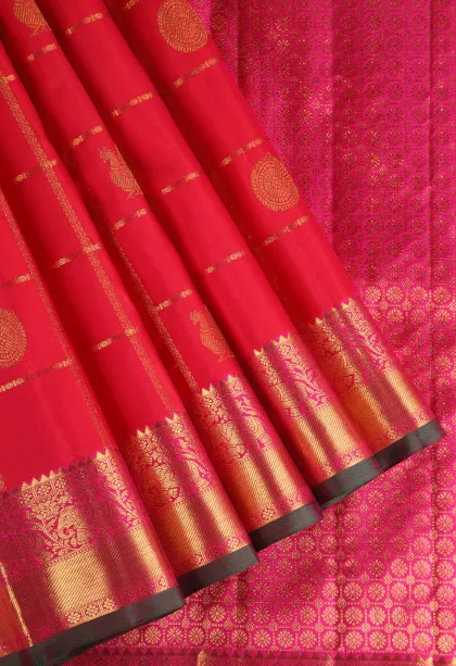 Punch Pink Kanchipuram Silk Sarees with Gold Zari Checks And Puttas