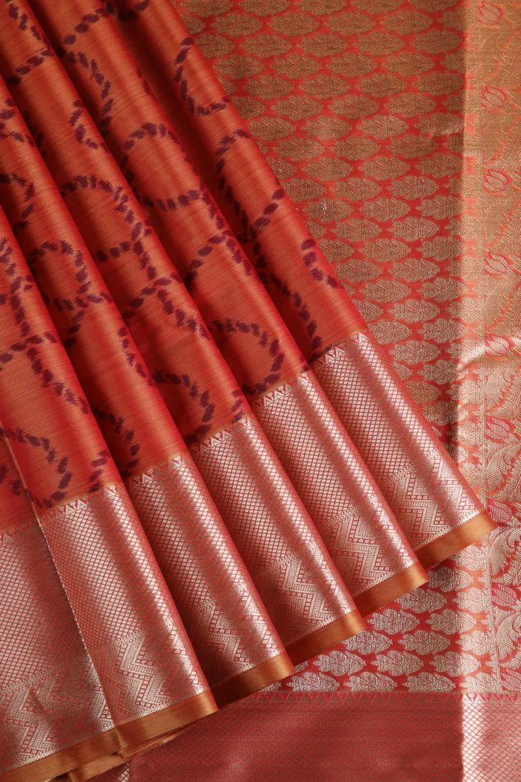 Ginger Orange Soft Silk Sarees with Bronze Zari Geometric Shapes