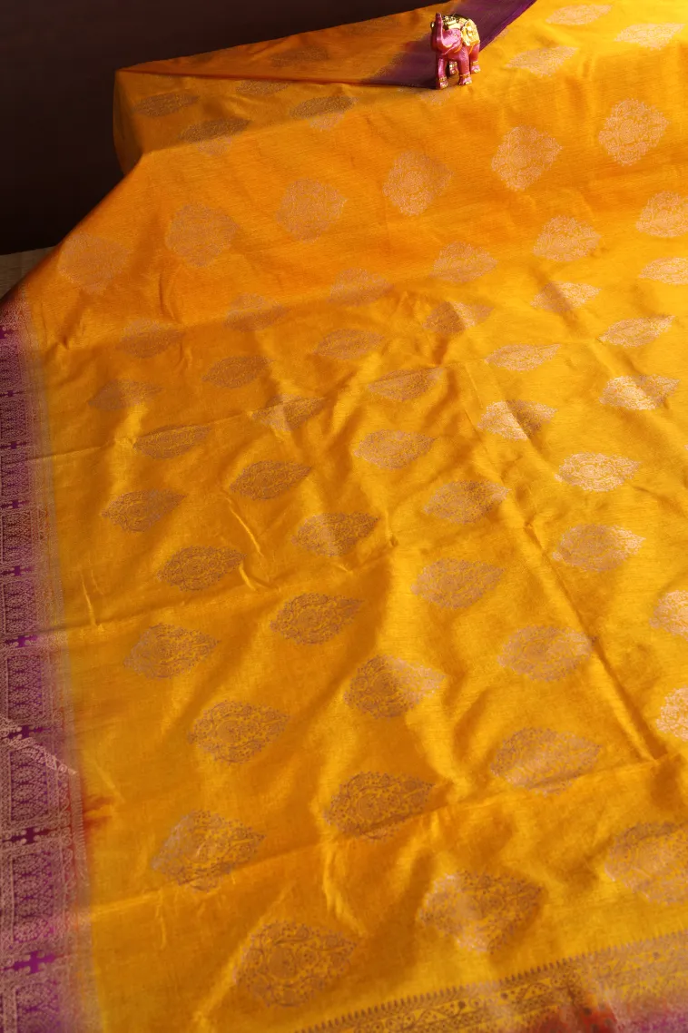 Lemon Yellow Banaras Sarees with Gold Zari Puttas view 2