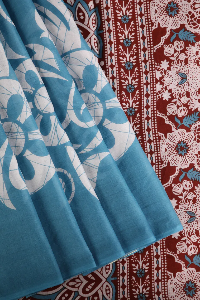 Sky Blue Mul Mul Cotton Without Zari With Floral Patterns