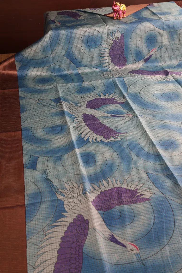 Cerulean Blue Jute Sarees with Antic Zari Animal And Bird Motifs view 2