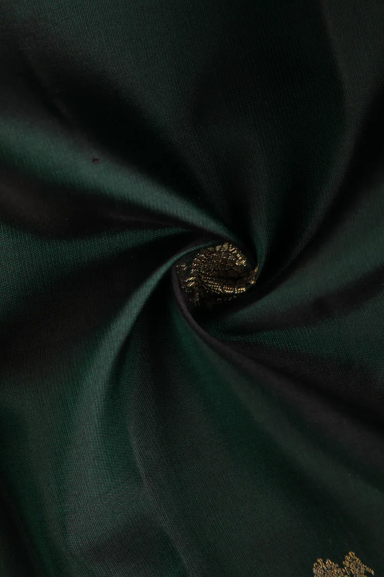 Bottle Green Kanchipuram Silk Sarees with Gold Zari Peacock And Rudhractam view 4