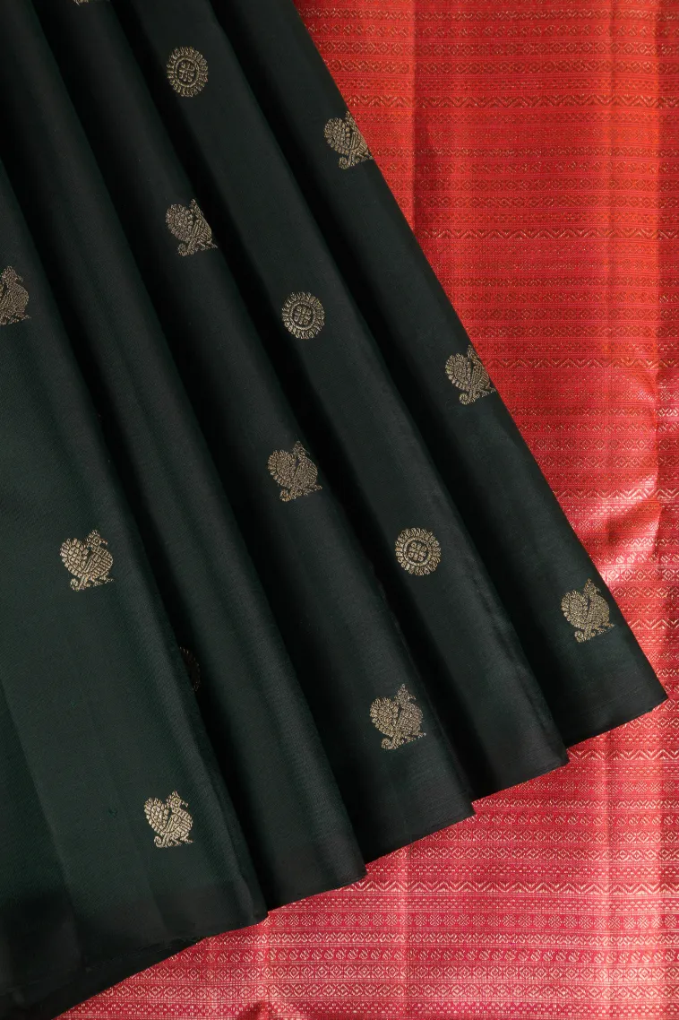 Bottle Green Kanchipuram Silk Sarees with Gold Zari Peacock And Rudhractam view 1