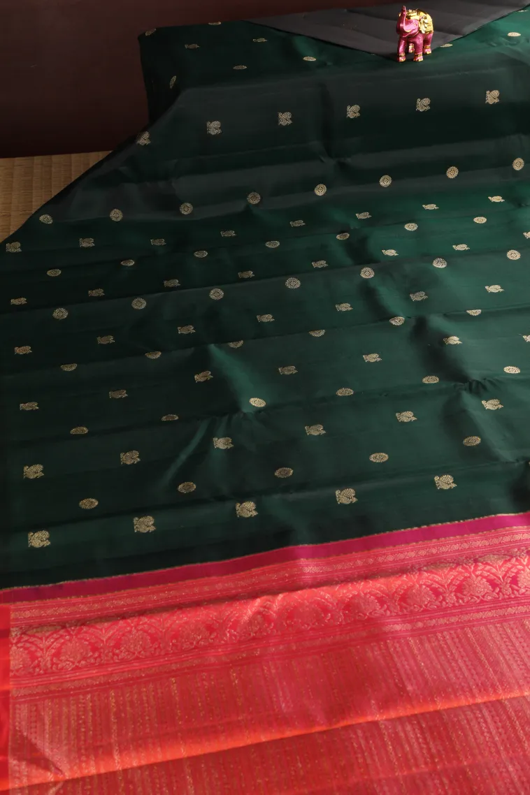 Bottle Green Kanchipuram Silk Sarees with Gold Zari Peacock And Rudhractam view 2