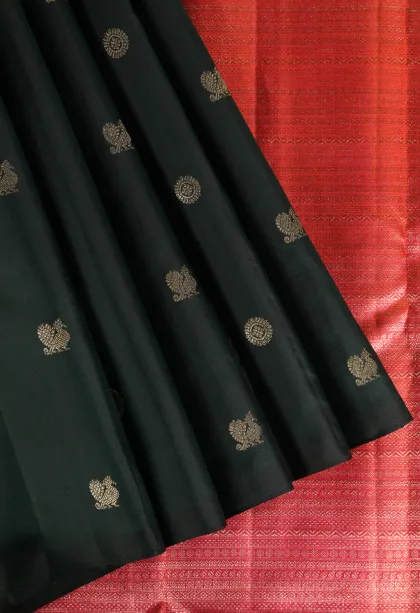 Bottle Green Kanchipuram Silk Sarees with Gold Zari Peacock And Rudhractam