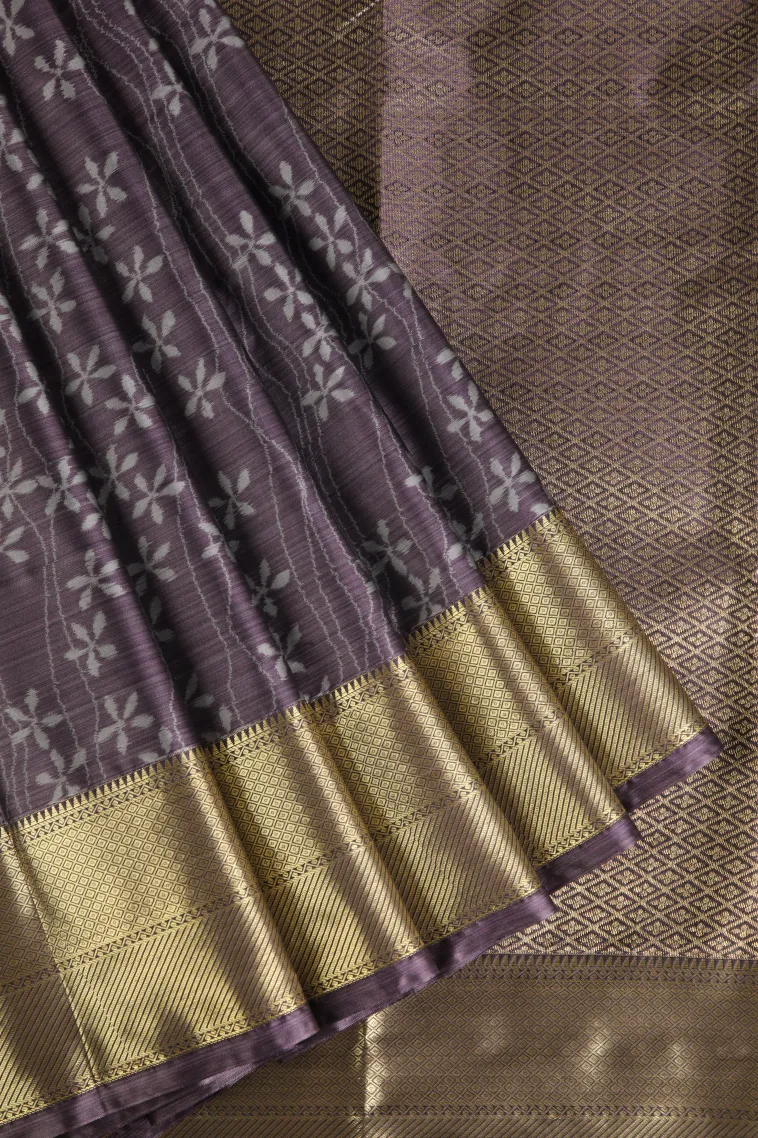 Grape Purple Soft Silk Sarees with Bronze Zari Floral Patterns