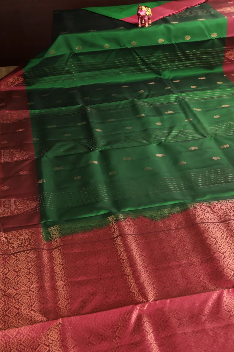 Seaweed Green Soft Silk Saree with Copper Zari Straipes And Puttas view 2