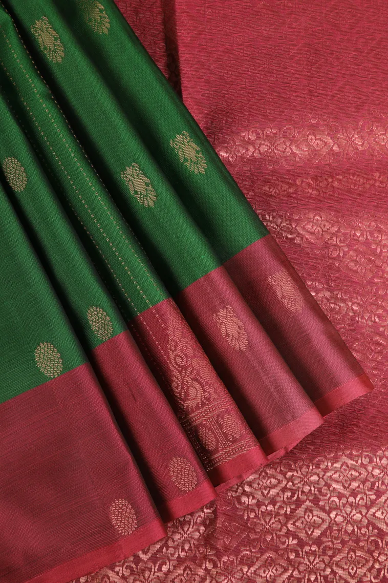 Seaweed Green Soft Silk Saree with Copper Zari Straipes And Puttas view 1