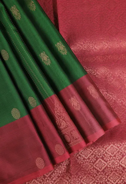 Seaweed Green Soft Silk Saree with Copper Zari Straipes And Puttas