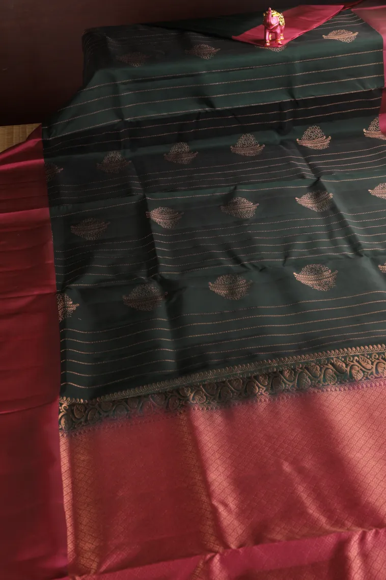 Bottle Green Soft Silk Saree with Copper Zari Straipes And Puttas view 2