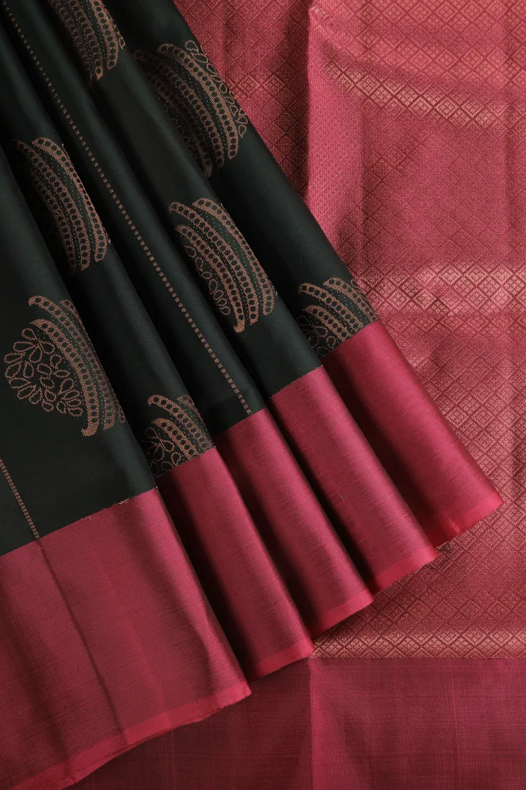 Bottle Green Soft Silk Saree with Copper Zari Straipes And Puttas