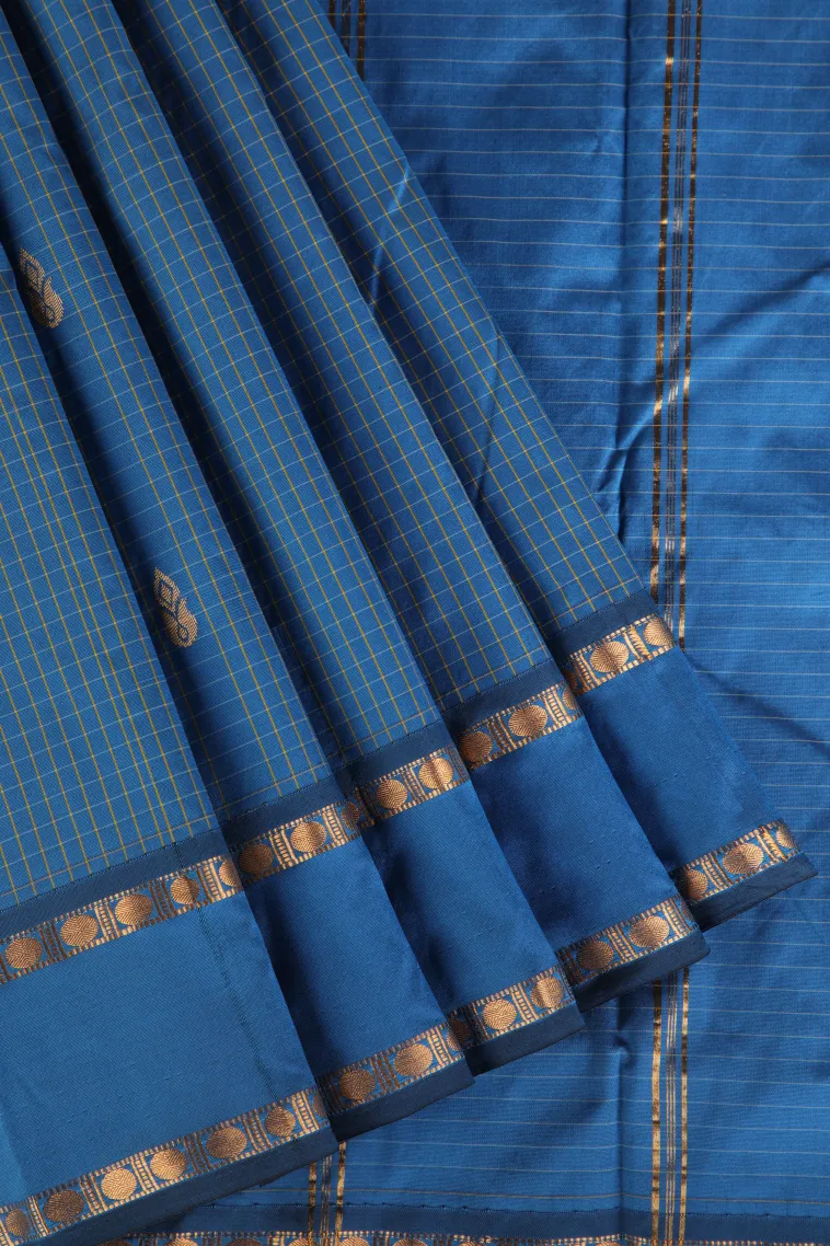 Cerulean Blue Soft Silk Saree with Gold Zari Checks And Puttas