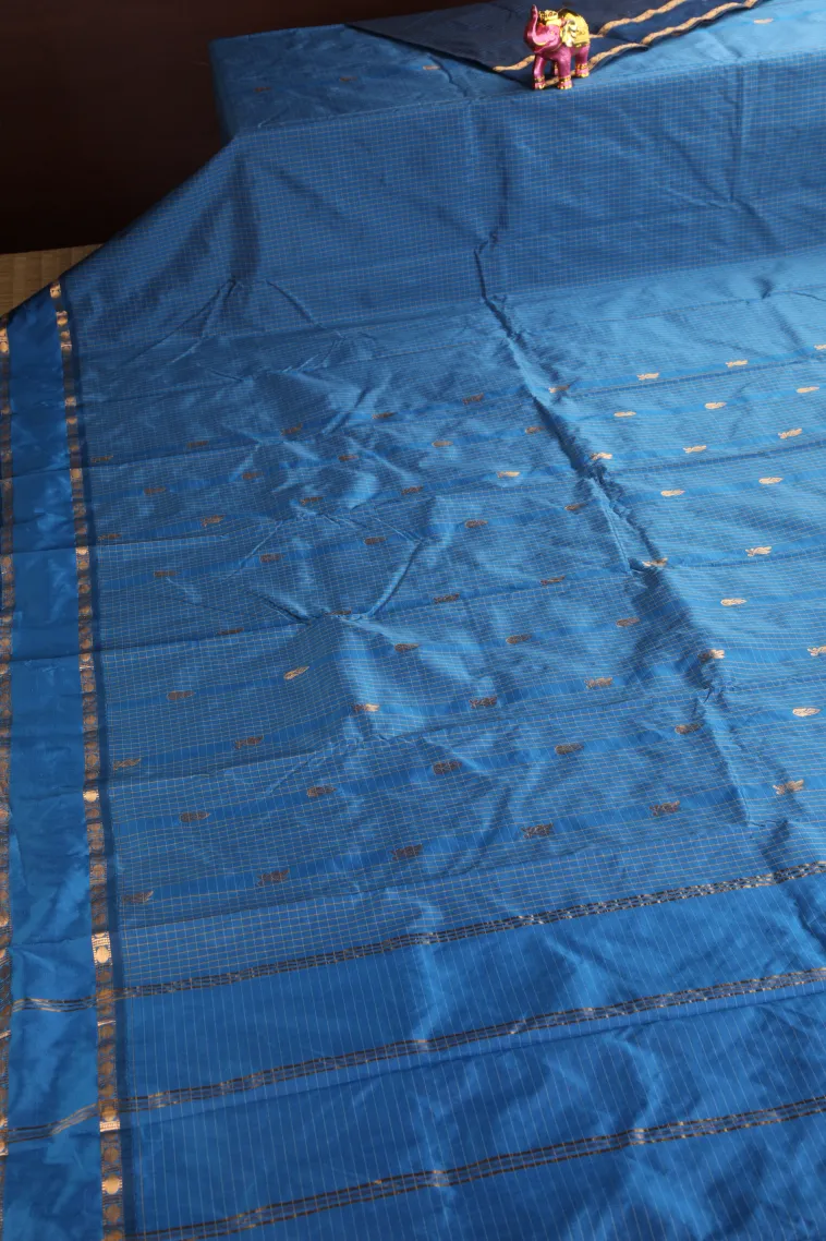 Cerulean Blue Soft Silk Saree with Gold Zari Checks And Puttas view 2