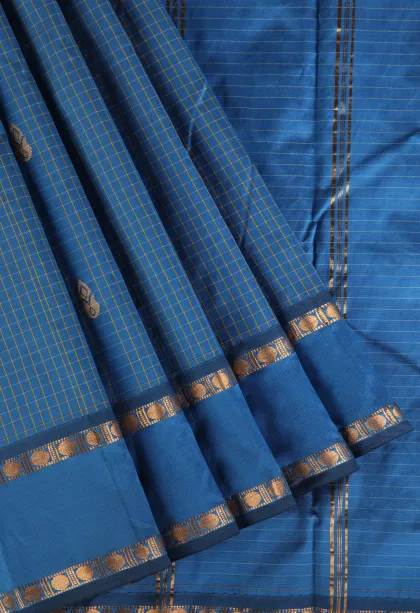 Cerulean Blue Soft Silk Saree with Gold Zari Checks And Puttas