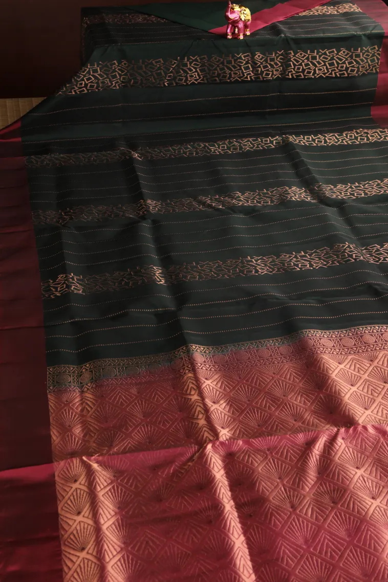 Bottle Green Soft Silk Saree with Copper Zari Straipes And Puttas view 2