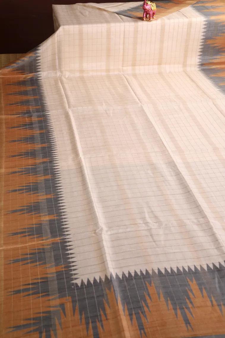 Ivory White Tussar Saree with Gold Zari Checks view 2