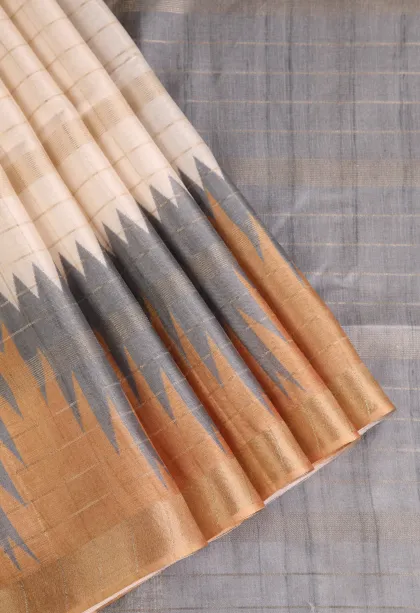 Ivory White Tussar Saree with Gold Zari Checks