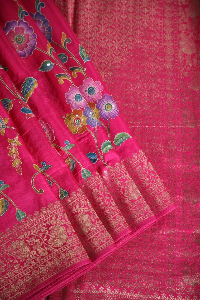 Fuscia Pink Banaras Sarees with Gold Zari Floral Patterns