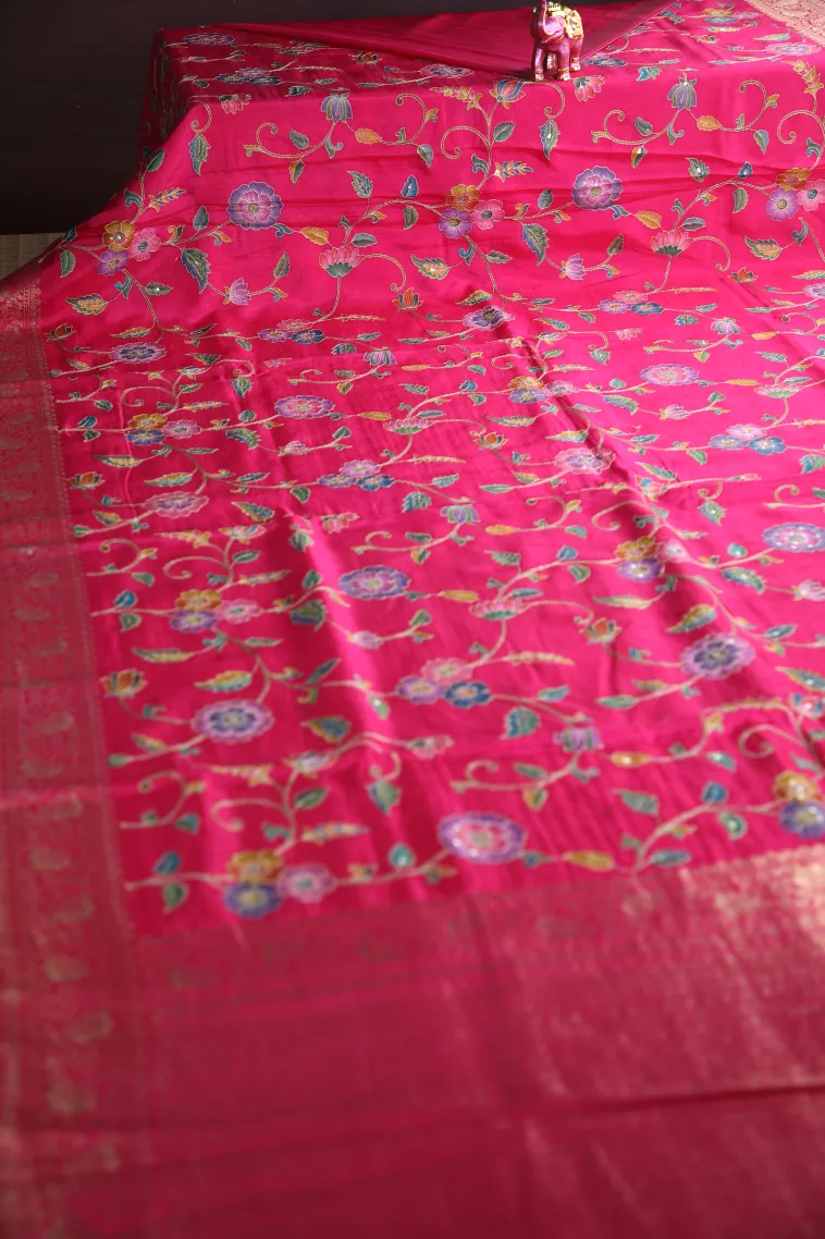 Fuscia Pink Banaras Sarees with Gold Zari Floral Patterns view 2