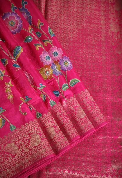 Fuscia Pink Banaras Sarees with Gold Zari Floral Patterns