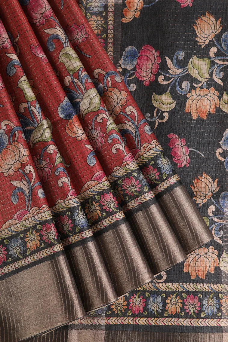 Cherry Red Tussar Saree with Copper Zari Small Checks Pattern