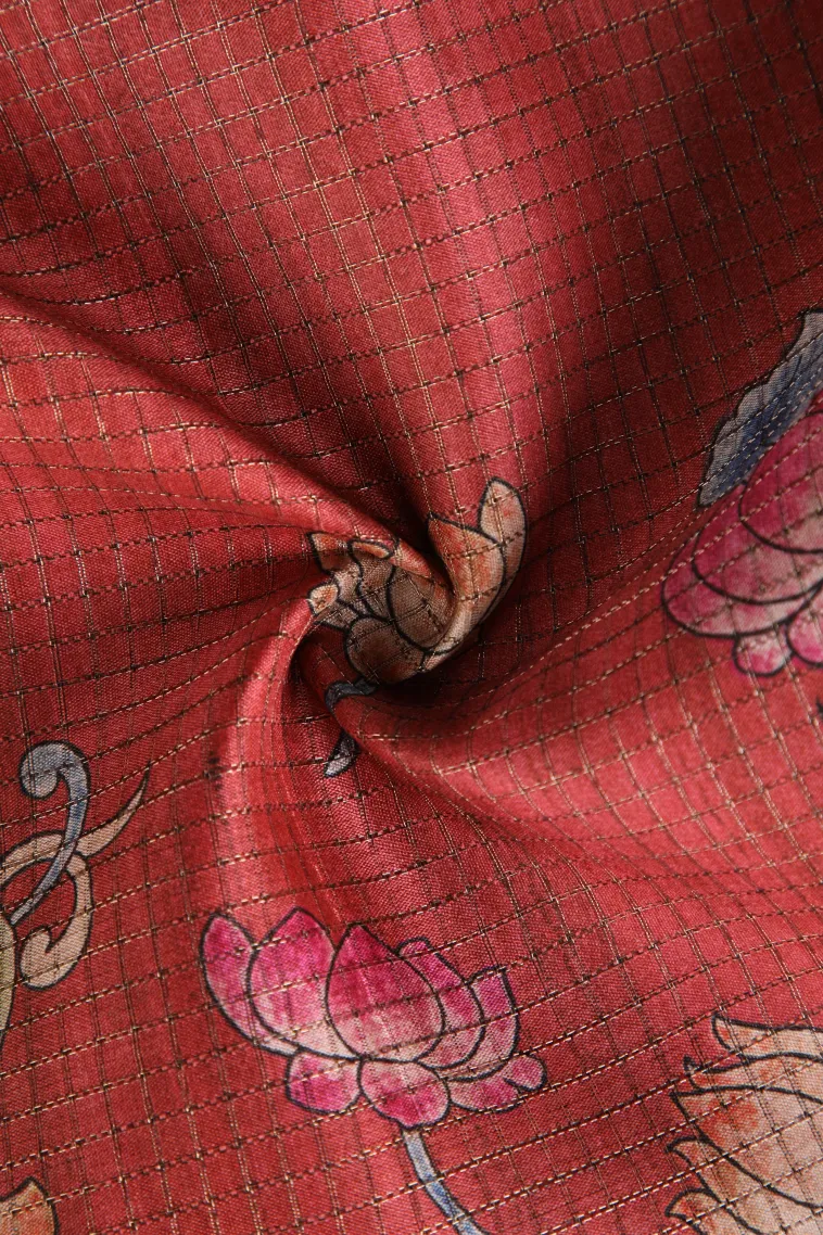 Cherry Red Tussar Saree with Copper Zari Small Checks Pattern view 4