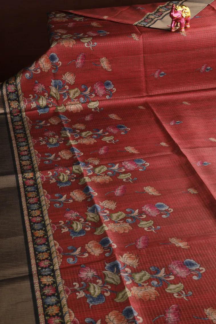 Cherry Red Tussar Saree with Copper Zari Small Checks Pattern view 2