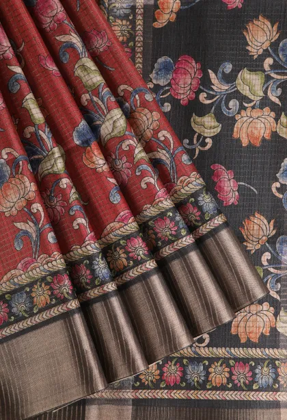 Cherry Red Tussar Saree with Copper Zari Small Checks Pattern