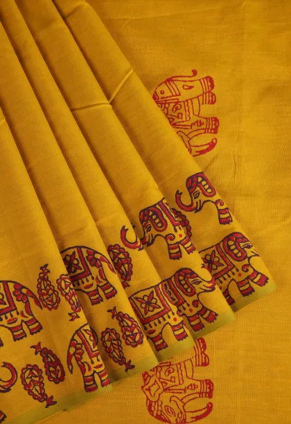 Lemon Yellow Poly Cotton Sarees Without Zari With Plain