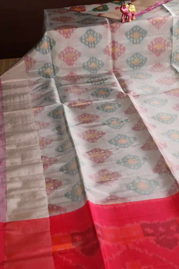 Coconut White Pochampalli Saree Without Zari With Floral Patterns view 2
