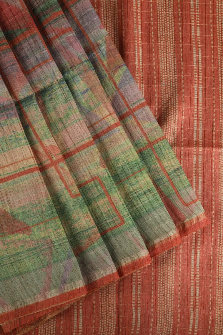 Lime Green Semi Tussar Silk with Gold Zari Geometric Shapes
