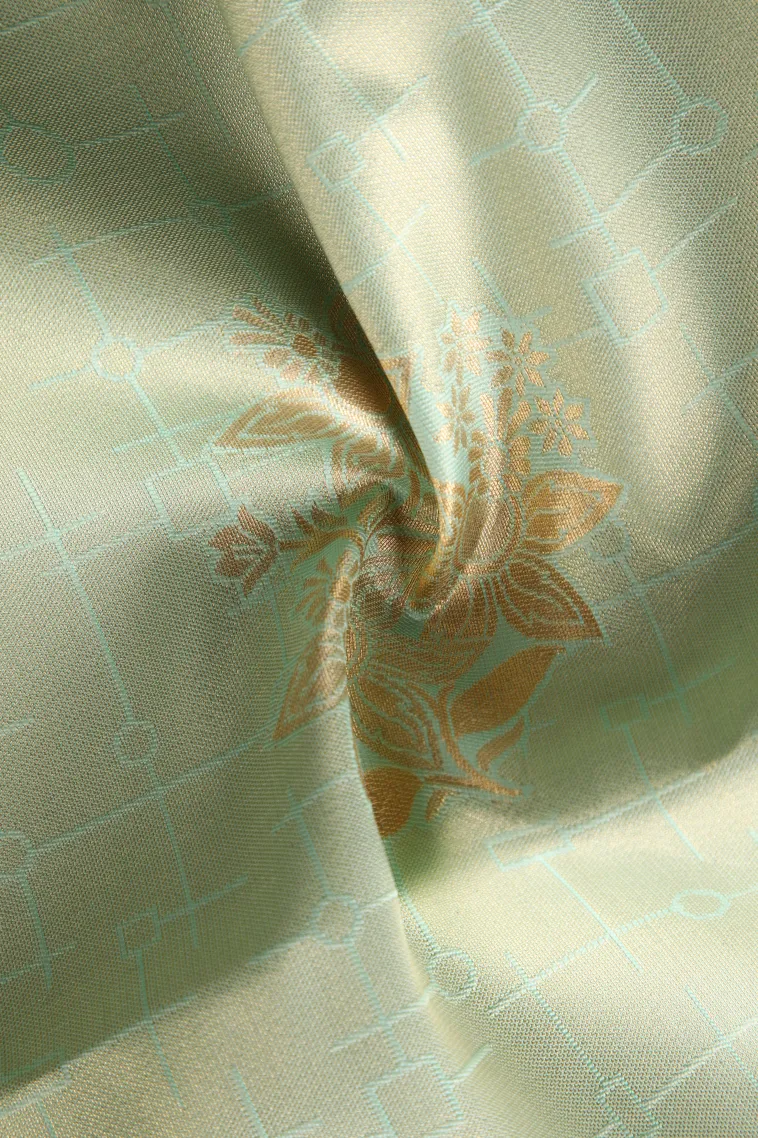 Pistachio Green Apoorva Silk Sarees with Bronze Zari Geometric Shapes view 4