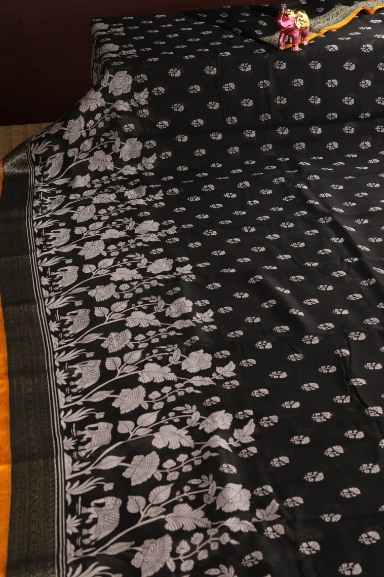 Rock Black Chanderi Cotton Sarees with Copper Zari Eliphant Mottif view 2