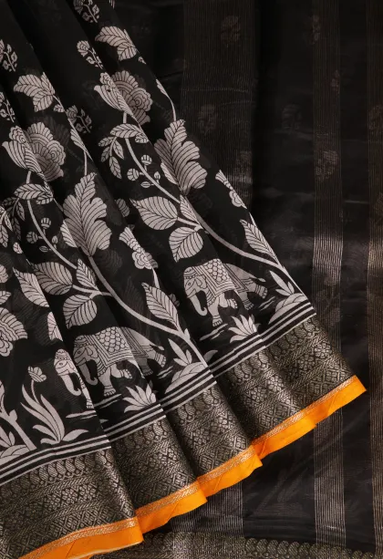 Rock Black Chanderi Cotton Sarees with Copper Zari Eliphant Mottif
