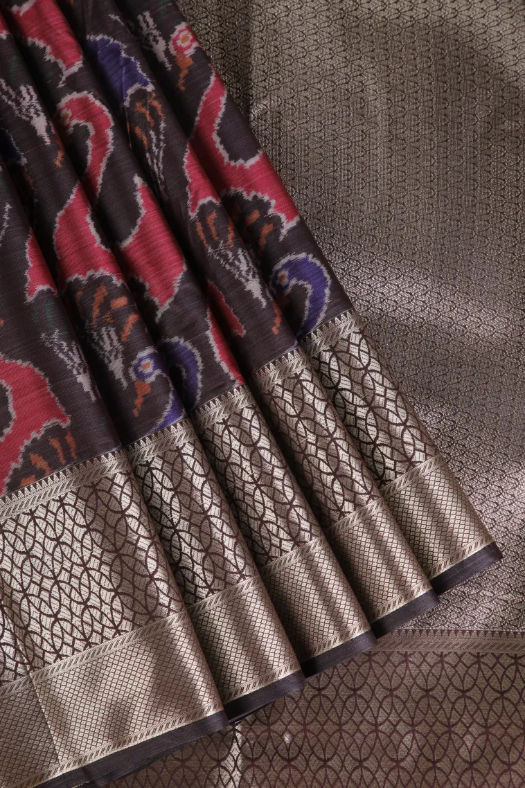 Coffee Brown Soft Silk Sarees with Bronze Zari Peacock Motifs
