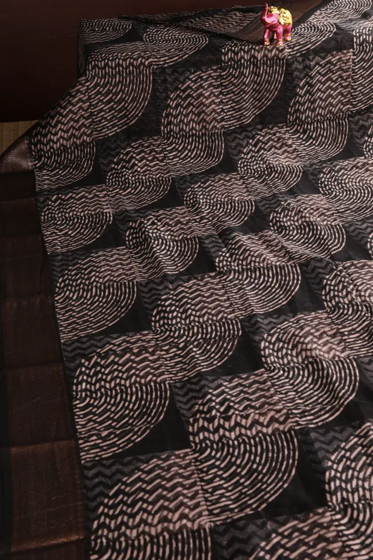 Eel Black Chanderi Cotton Sarees with Copper Zari Geometric Shapes view 2