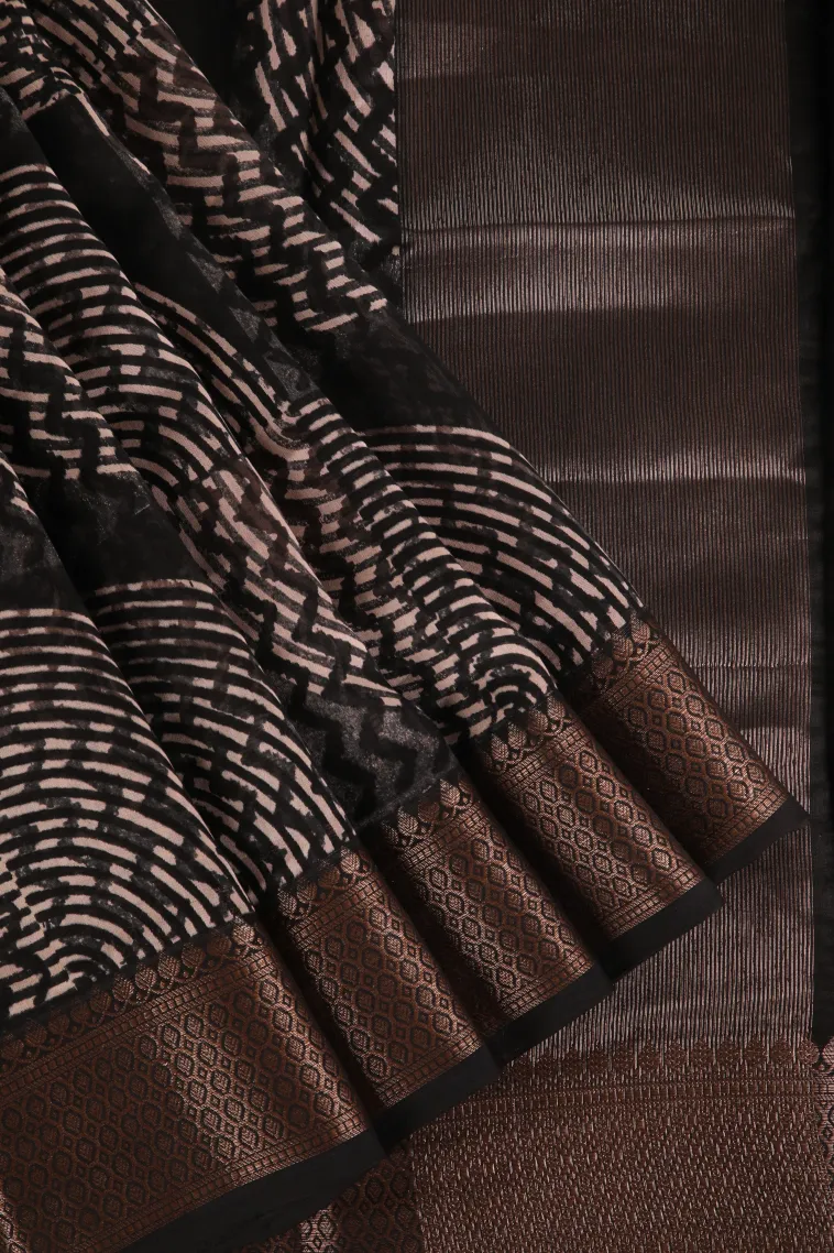 Eel Black Chanderi Cotton Sarees with Copper Zari Geometric Shapes