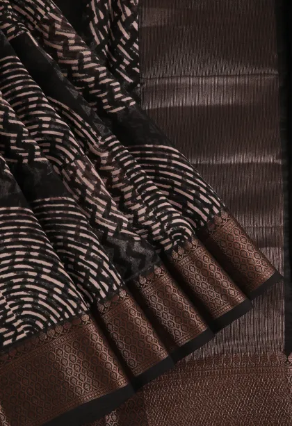 Eel Black Chanderi Cotton Sarees with Copper Zari Geometric Shapes