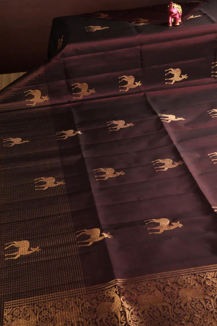 Jam Red Soft Silk Saree with Gold Zari Animal Mottif view 2