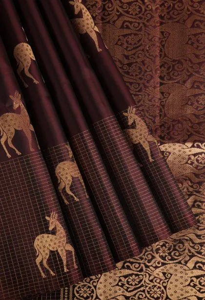 Jam Red Soft Silk Saree with Gold Zari Animal Mottif