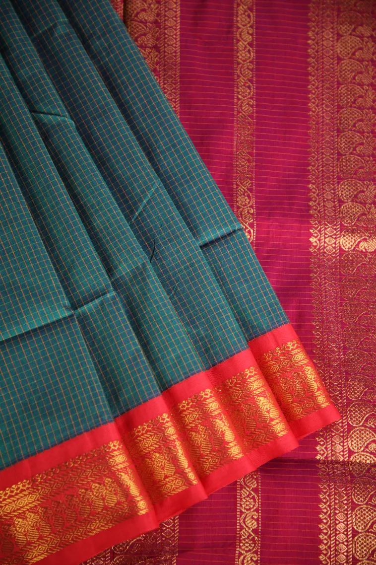 Bottle Green Karishma Cotton with Copper Zari Checks